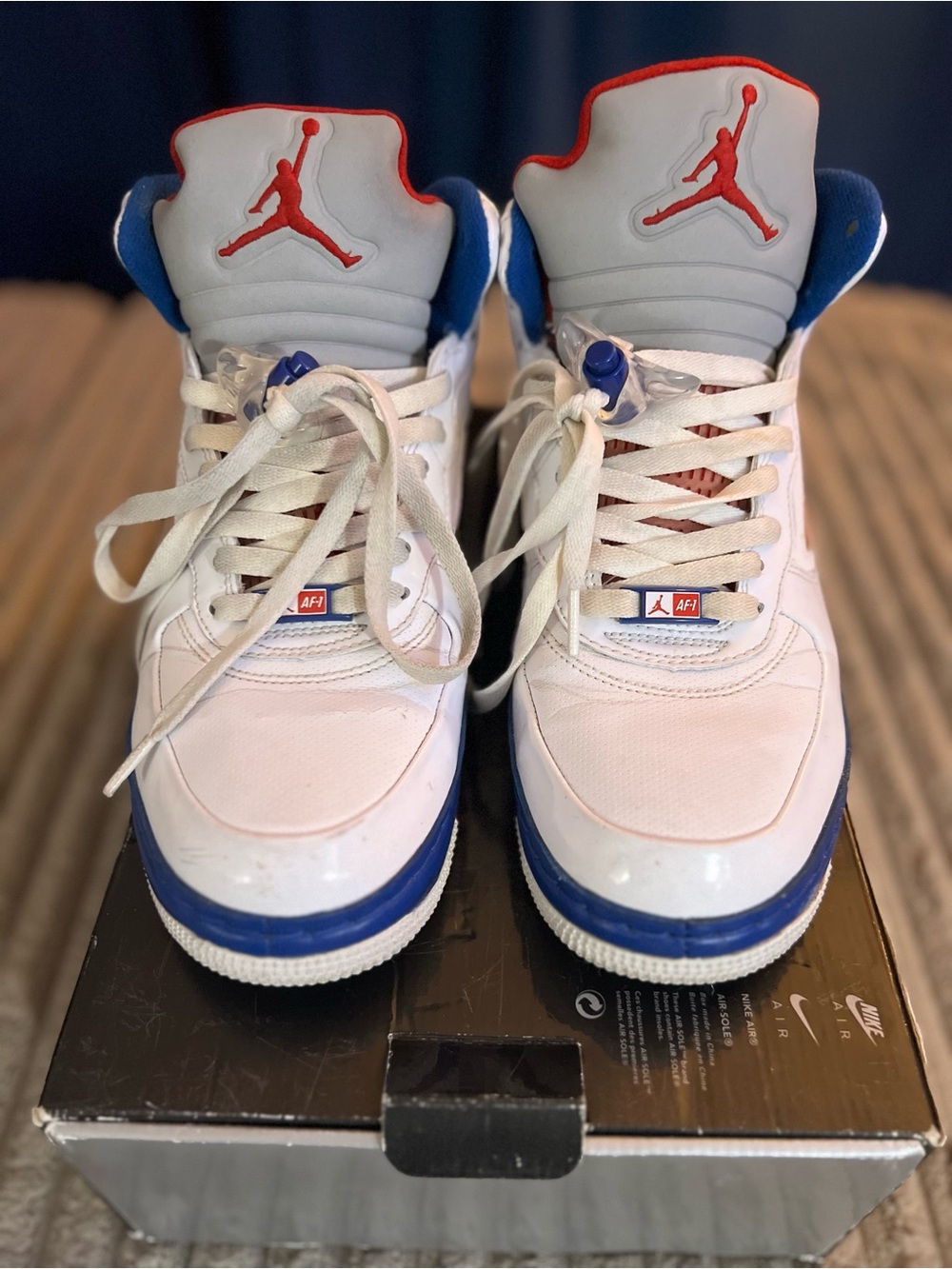 Air Jordan (FUSION 5/AF1) Men’s White Blue Red High-Top Sneakers